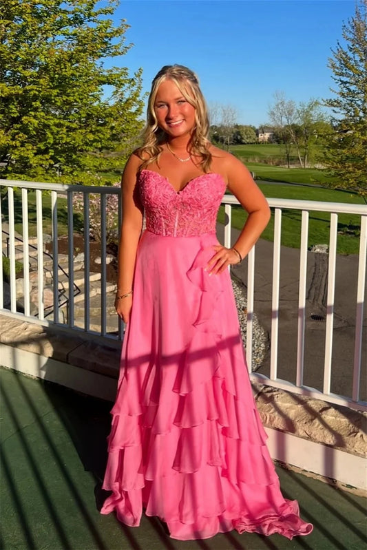 Romantic A-Line Sweetheart Strapless Lace-Up-Back Lace-Appliqué Tiered-Ruffle Evening Dress