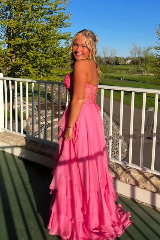 Romantic A-Line Sweetheart Strapless Lace-Up-Back Lace-Appliqué Tiered-Ruffle Evening Dress
