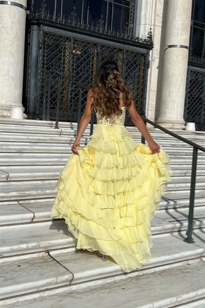 Romantic A-Line Sweetheart Strapless Lace-Up-Back Tiered-Ruffle High-Slit Evening Dress