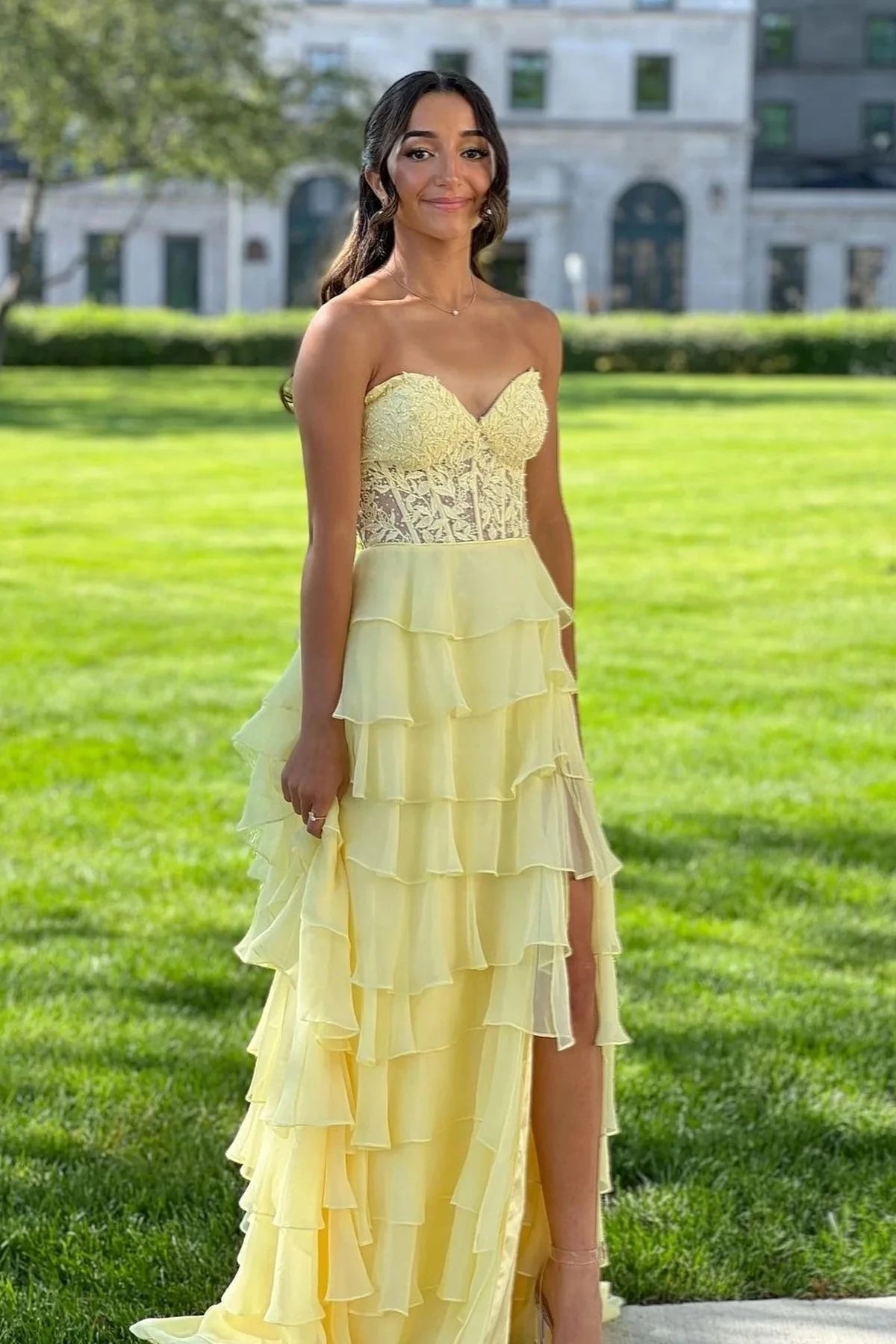 Romantic A-Line Sweetheart Strapless Lace-Up-Back Tiered-Ruffle High-Slit Evening Dress