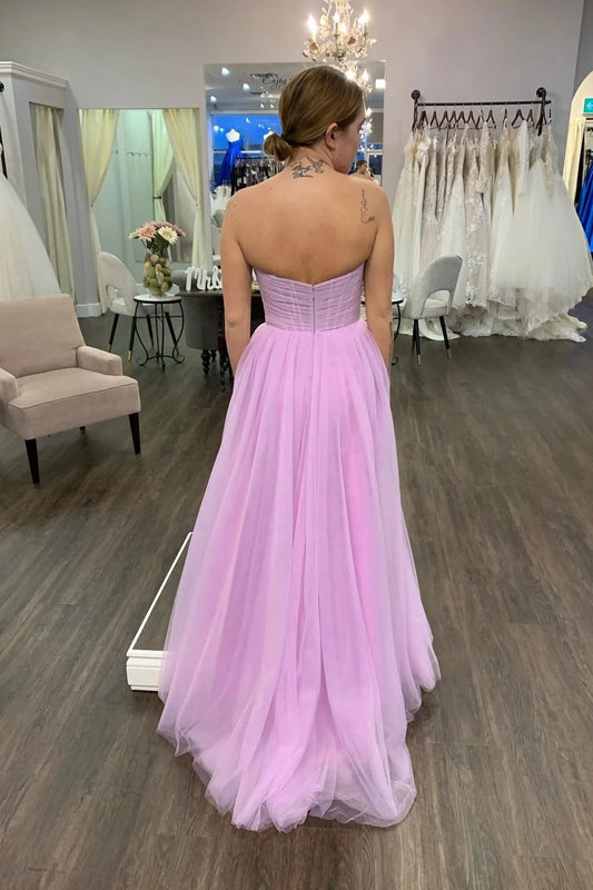 Romantic A-Line Sweetheart Strapless Open Back Floor-Length Lavender Tulle Evening Dresses