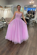 Romantic A-Line Sweetheart Strapless Open Back Floor-Length Lavender Tulle Evening Dresses