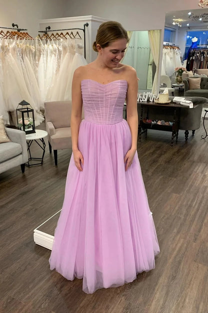 Romantic A-Line Sweetheart Strapless Open Back Floor-Length Lavender Tulle Evening Dresses