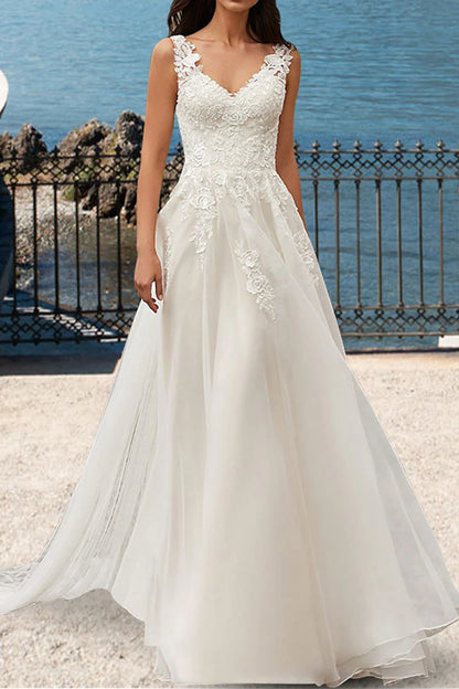 Romantic A-Line V Neck Cap Sleeve Illusion Back Train Length Wedding Dress