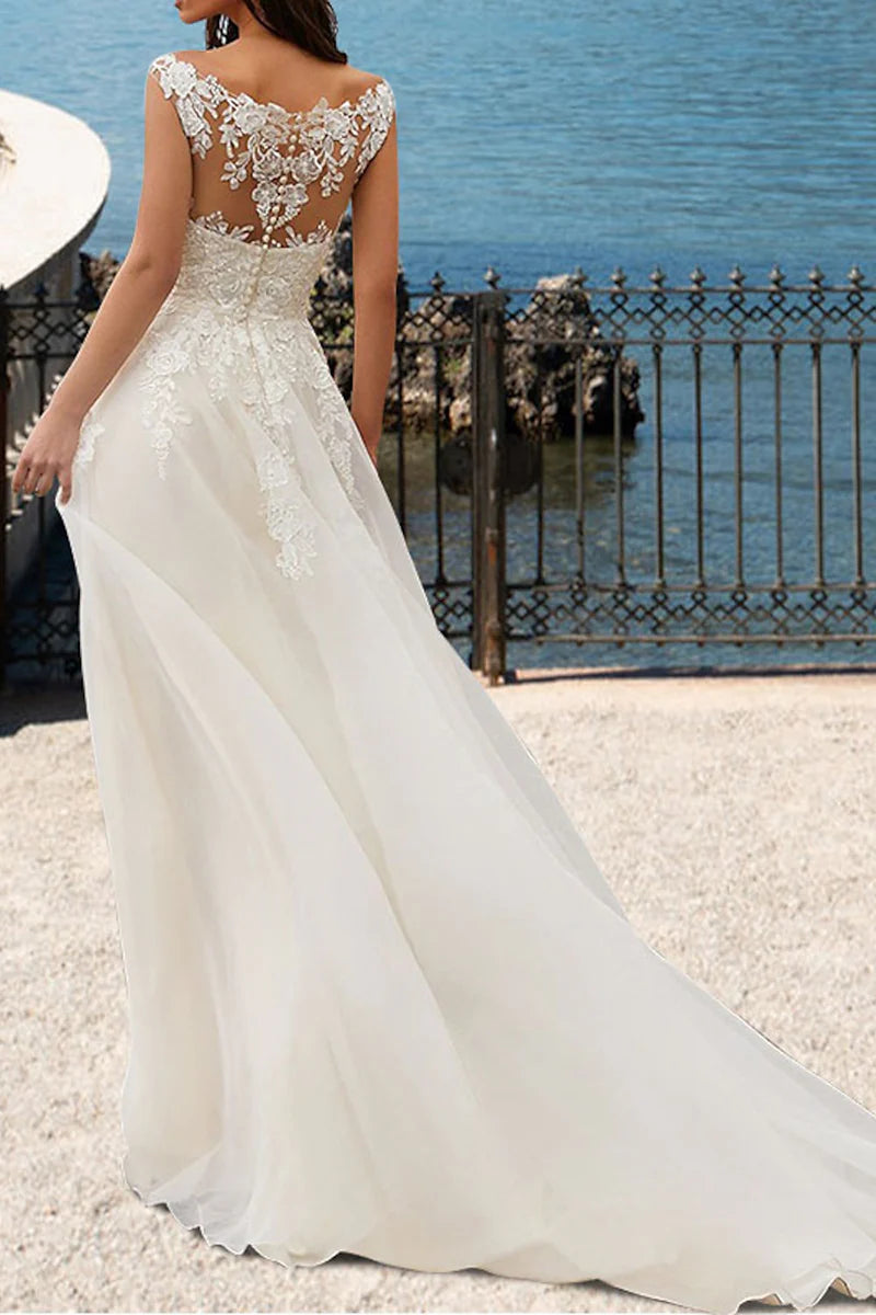 Romantic A-Line V Neck Cap Sleeve Illusion Back Train Length Wedding Dress