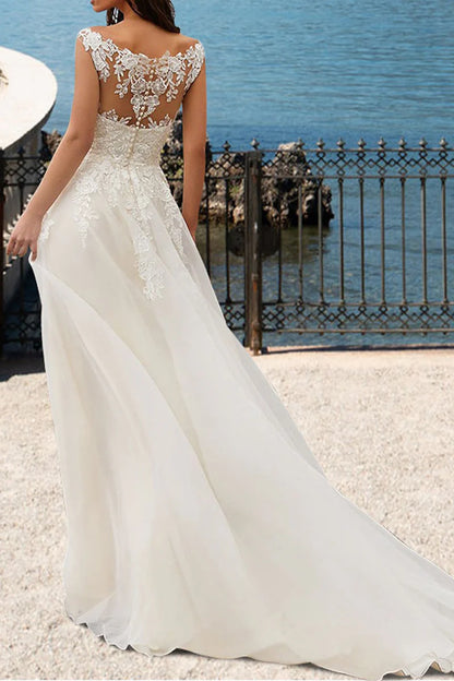 Romantic A-Line V Neck Cap Sleeve Illusion Back Train Length Wedding Dress