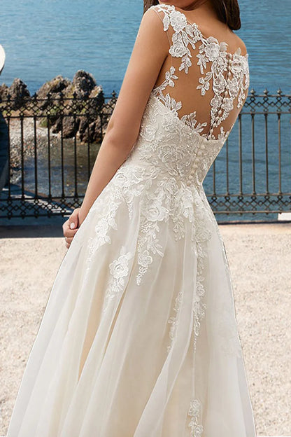 Romantic A-Line V Neck Cap Sleeve Illusion Back Train Length Wedding Dress