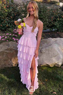Romantic A-Line V-Neck Spaghetti-Strap Lace-Up-Back Tiered-Ruffle High-Slit Evening Dress