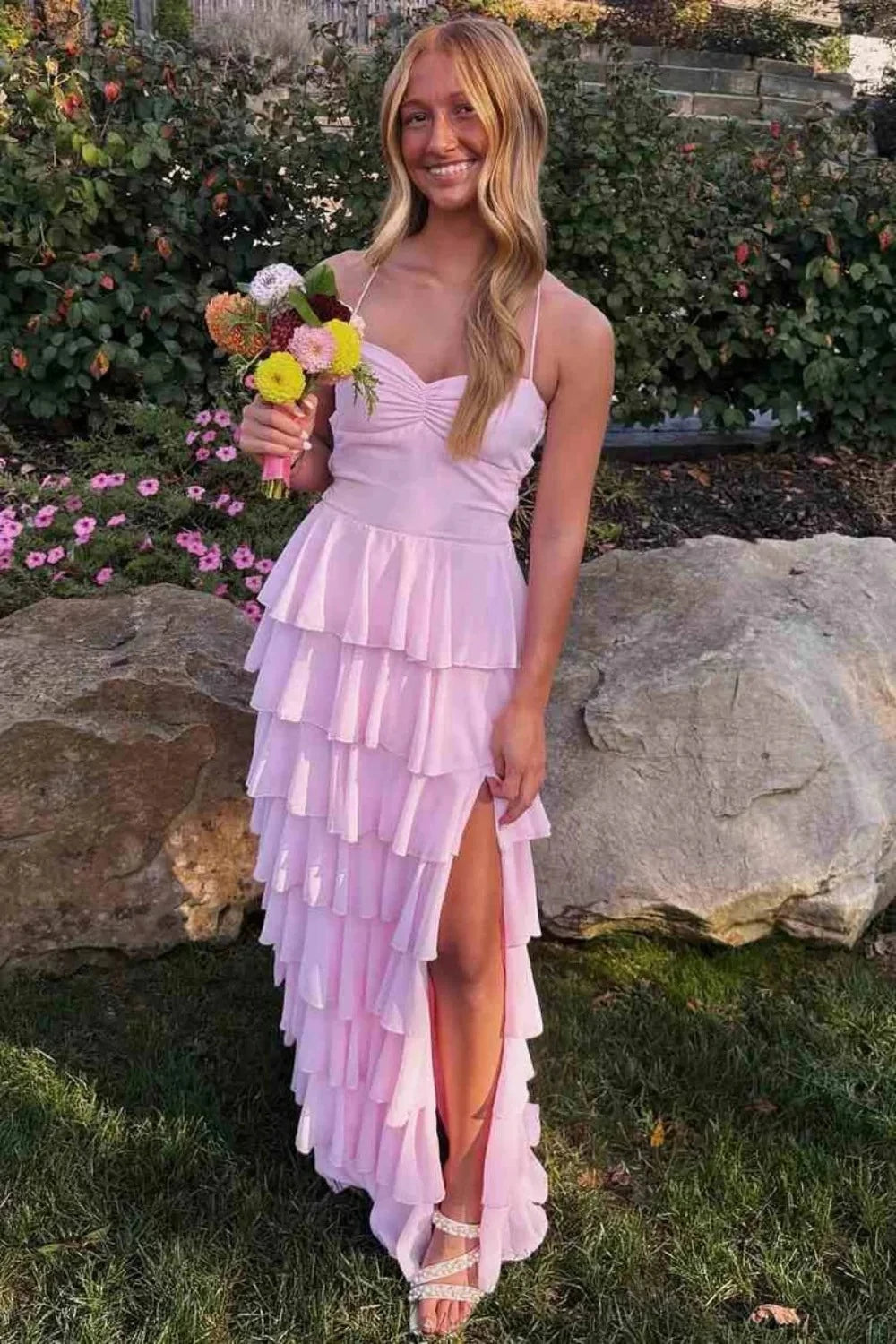 Romantic A-Line V-Neck Spaghetti-Strap Lace-Up-Back Tiered-Ruffle High-Slit Evening Dress