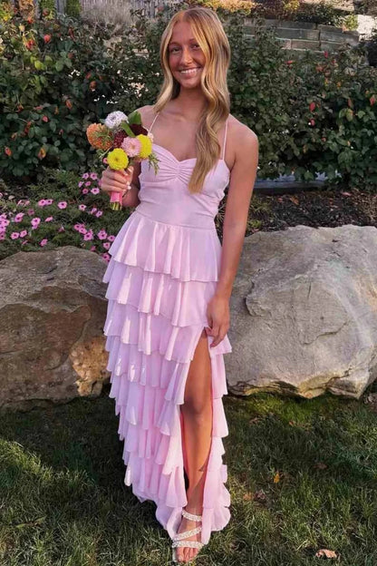 Romantic A-Line V-Neck Spaghetti-Strap Lace-Up-Back Tiered-Ruffle High-Slit Evening Dress