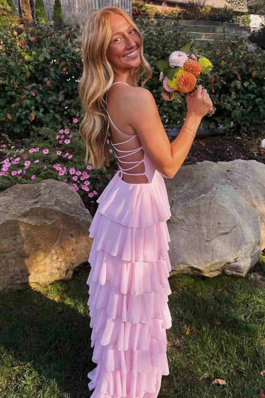 Romantic A-Line V-Neck Spaghetti-Strap Lace-Up-Back Tiered-Ruffle High-Slit Evening Dress