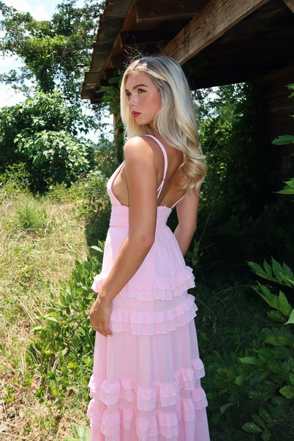 Romantic A-Line V-Neck Spaghetti-Strap Open-Back Tiered-Ruffle Maxi Evening Dress
