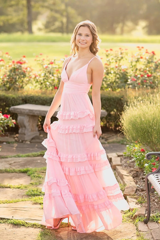 Romantic A-Line V-Neck Spaghetti-Strap Open-Back Tiered-Ruffle Maxi Evening Dress