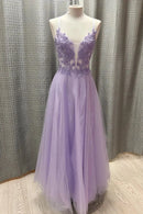 Romantic A-Line V-Neck Spaghetti Straps Lace Up Back Floor-Length Lavender Lace Tulle Evening Dresses