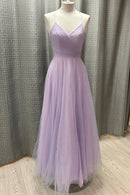 Romantic A-Line V-Neck Spaghetti Straps Lace Up Back Floor-Length Lilac Glitter Tulle Evening Dresses
