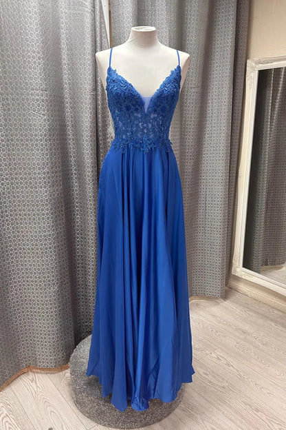 Romantic A-Line V-Neck Spaghetti Straps Lace Up Back Floor-Length Royal Blue Lace Chiffon Evening Dresses