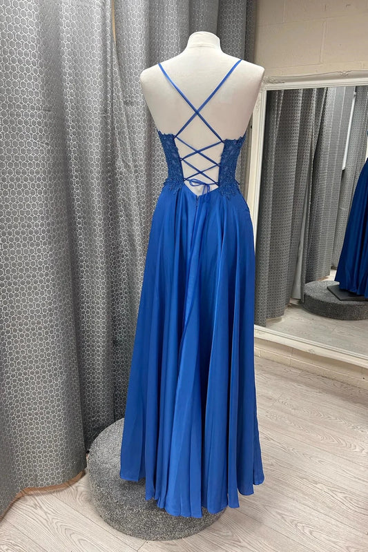 Romantic A-Line V-Neck Spaghetti Straps Lace Up Back Floor-Length Royal Blue Lace Chiffon Evening Dresses