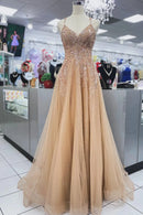 Romantic A-Line V-Neck Spaghetti Straps Lace Up Back Sweep Train Champagne Beaded Tulle Evening Dresses