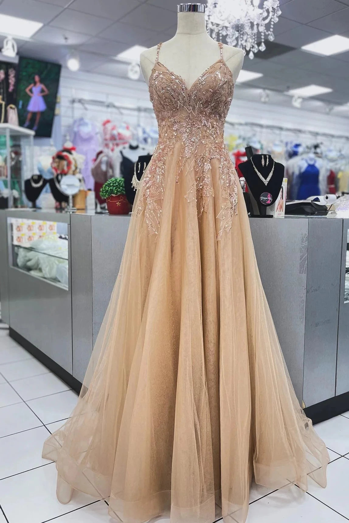 Romantic A-Line V-Neck Spaghetti Straps Lace Up Back Sweep Train Champagne Beaded Tulle Evening Dresses