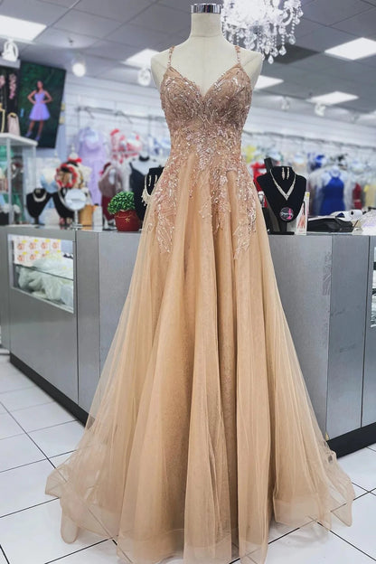 Romantic A-Line V-Neck Spaghetti Straps Lace Up Back Sweep Train Champagne Beaded Tulle Evening Dresses