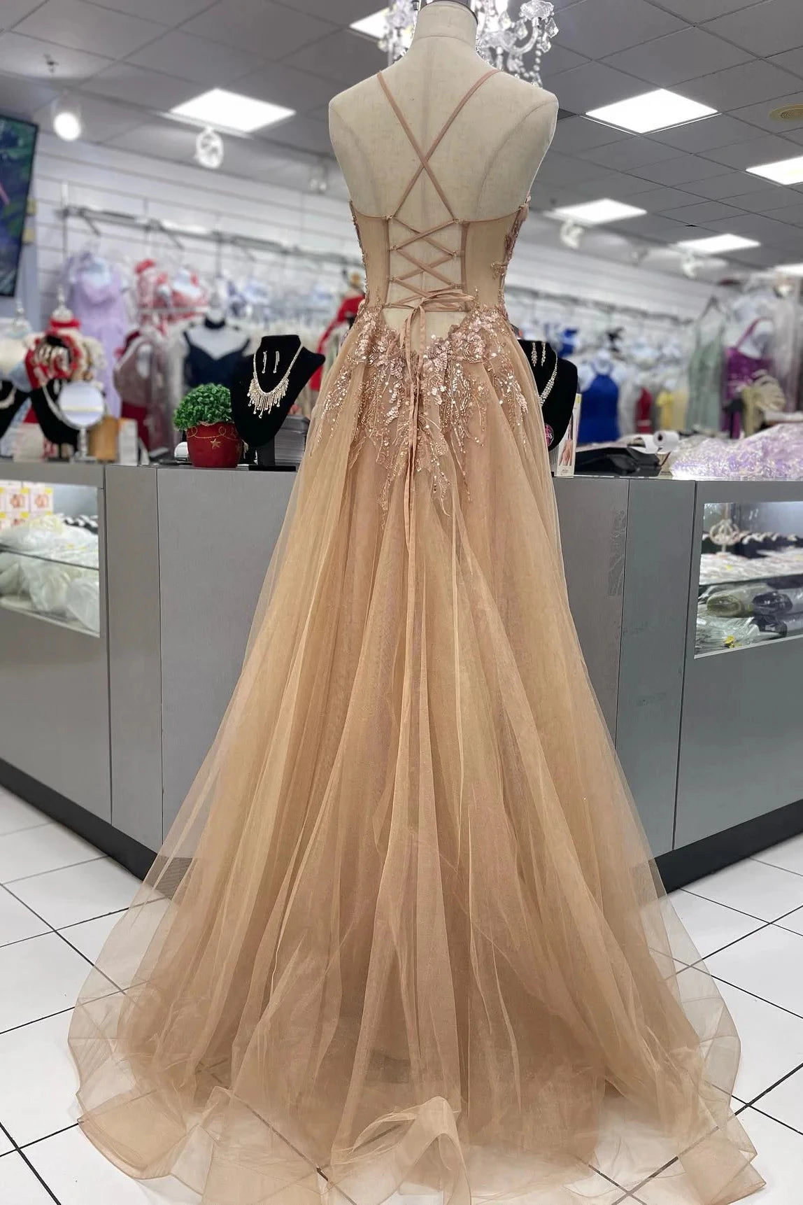 Romantic A-Line V-Neck Spaghetti Straps Lace Up Back Sweep Train Champagne Beaded Tulle Evening Dresses