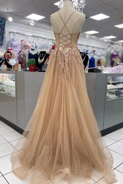 Romantic A-Line V-Neck Spaghetti Straps Lace Up Back Sweep Train Champagne Beaded Tulle Evening Dresses