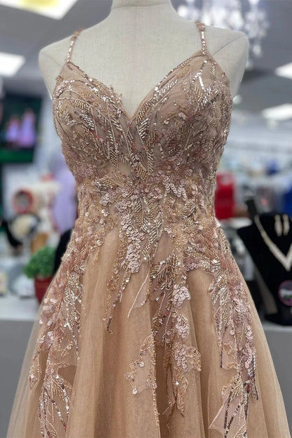 Romantic A-Line V-Neck Spaghetti Straps Lace Up Back Sweep Train Champagne Beaded Tulle Evening Dresses