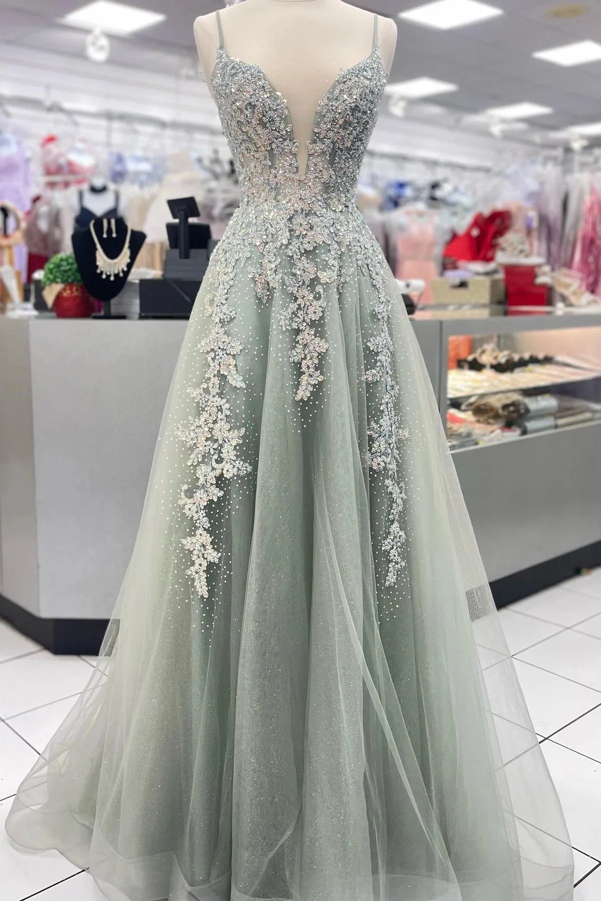Romantic A-Line V-Neck Spaghetti Straps Lace Up Back Sweep Train Sage Green Beaded Tulle Evening Dresses