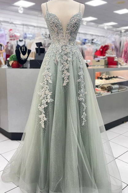 Romantic A-Line V-Neck Spaghetti Straps Lace Up Back Sweep Train Sage Green Beaded Tulle Evening Dresses
