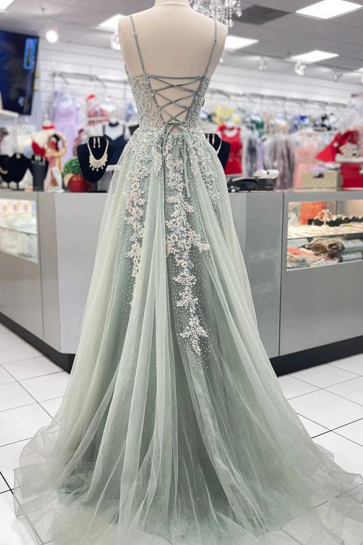 Romantic A-Line V-Neck Spaghetti Straps Lace Up Back Sweep Train Sage Green Beaded Tulle Evening Dresses