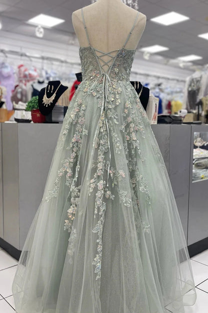 Romantic A-Line V-Neck Spaghetti Straps Lace Up Back Sweep Train Sage Green Floral Tulle Evening Dresses