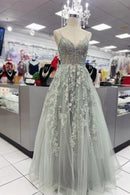 Romantic A-Line V-Neck Spaghetti Straps Lace Up Back Sweep Train Sage Green Floral Tulle Evening Dresses