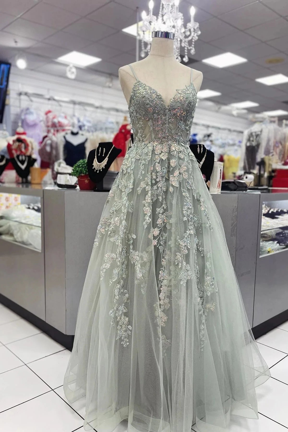 Romantic A-Line V-Neck Spaghetti Straps Lace Up Back Sweep Train Sage Green Floral Tulle Evening Dresses