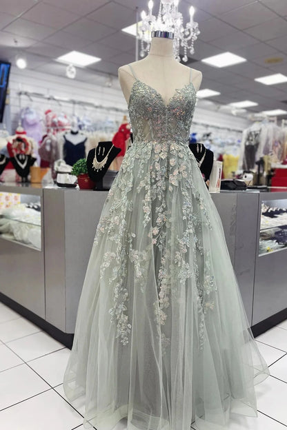 Romantic A-Line V-Neck Spaghetti Straps Lace Up Back Sweep Train Sage Green Floral Tulle Evening Dresses