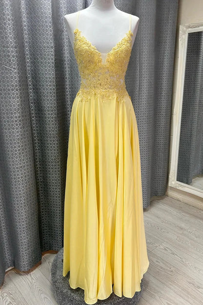 Romantic A-Line V-Neck Spaghetti Straps Open Back Floor-Length Yellow Lace Chiffon Evening Dresses