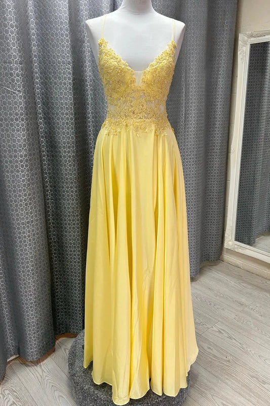 Romantic A-Line V-Neck Spaghetti Straps Open Back Floor-Length Yellow Lace Chiffon Evening Dresses
