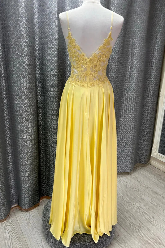 Romantic A-Line V-Neck Spaghetti Straps Open Back Floor-Length Yellow Lace Chiffon Evening Dresses