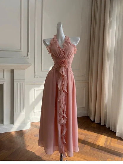 Romantic A-line Ruffled Halter Tie-back 3D Floral Dusty Pink Midi Prom Dress.