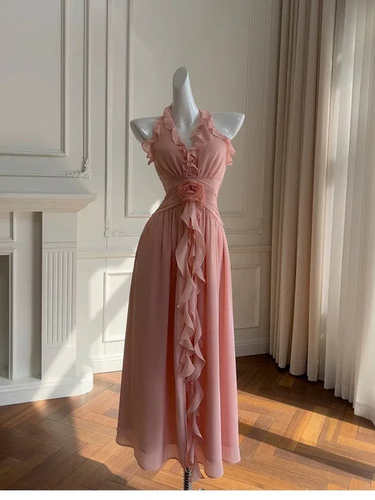 Romantic A-line Ruffled Halter Tie-back 3D Floral Dusty Pink Midi Prom Dress.