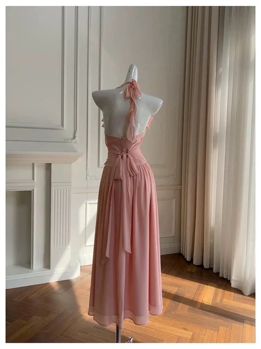 Romantic A-line Ruffled Halter Tie-back 3D Floral Dusty Pink Midi Prom Dress.