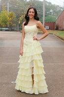 Romantic A-line Square Neck Spaghetti Straps Open Back Tiered Chiffon Floor-length Evening Prom Dress