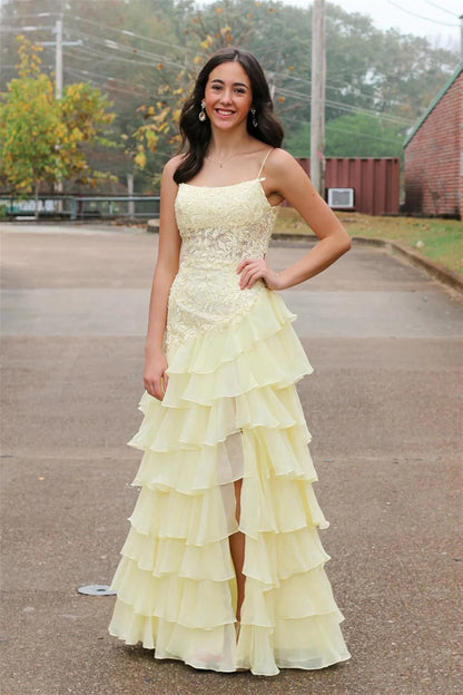 Romantic A-line Square Neck Spaghetti Straps Open Back Tiered Chiffon Floor-length Evening Prom Dress