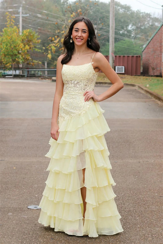 Romantic A-line Square Neck Spaghetti Straps Open Back Tiered Chiffon Floor-length Evening Prom Dress