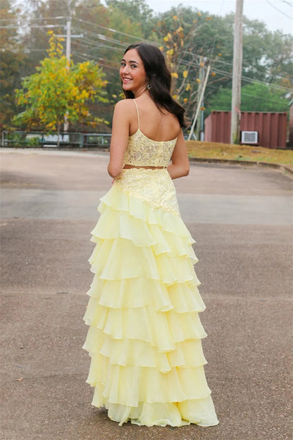 Romantic A-line Square Neck Spaghetti Straps Open Back Tiered Chiffon Floor-length Evening Prom Dress
