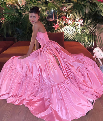 Romantic A-line Strapless Sleeveless Solid-back Floor-length Slit Prom Dress