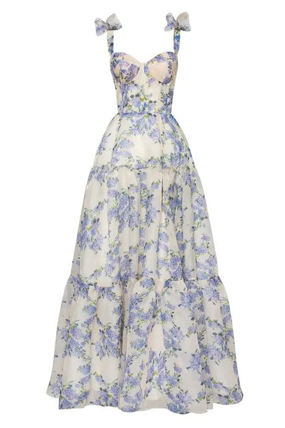 Romantic A-line Sweetheart Bow-strap Lace-up-back Floor-length Floral Prom Dress