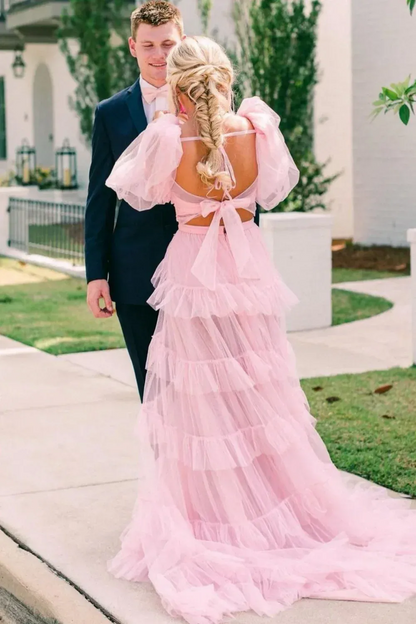 Romantic A-line Sweetheart Puff Sleeves Tie-back Backless Train Evening Prom Dress