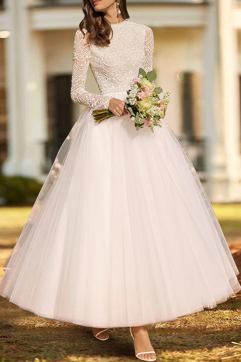 Romantic Ball-Gown High-Neck Long-Sleeve Open-Back Ankle-Length Wedding Dress
