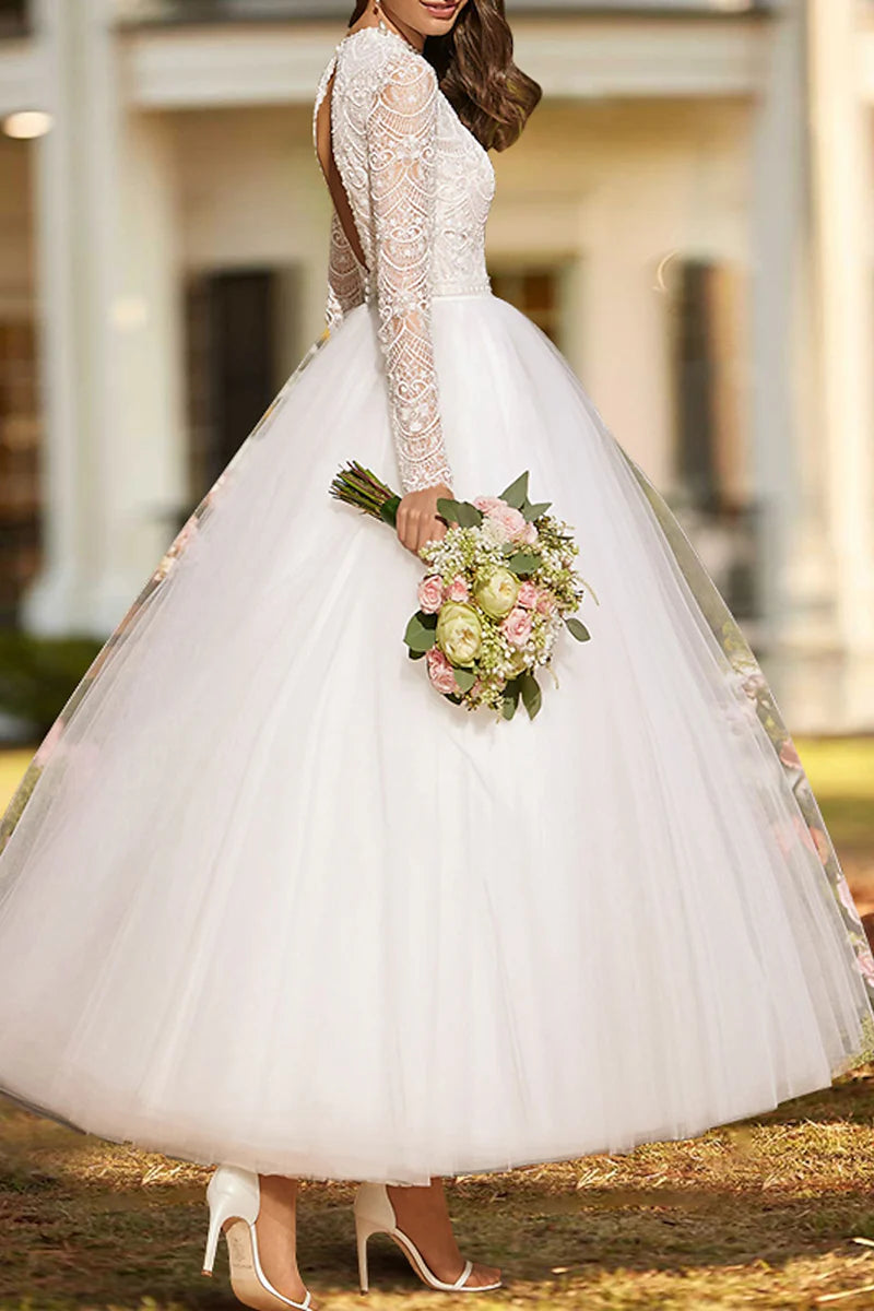 Romantic Ball-Gown High-Neck Long-Sleeve Open-Back Ankle-Length Wedding Dress