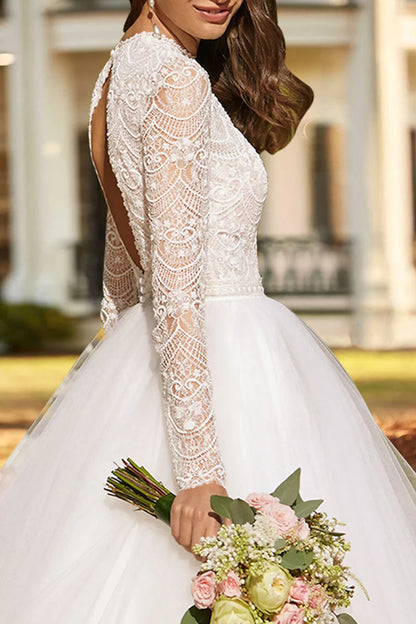 Romantic Ball-Gown High-Neck Long-Sleeve Open-Back Ankle-Length Wedding Dress